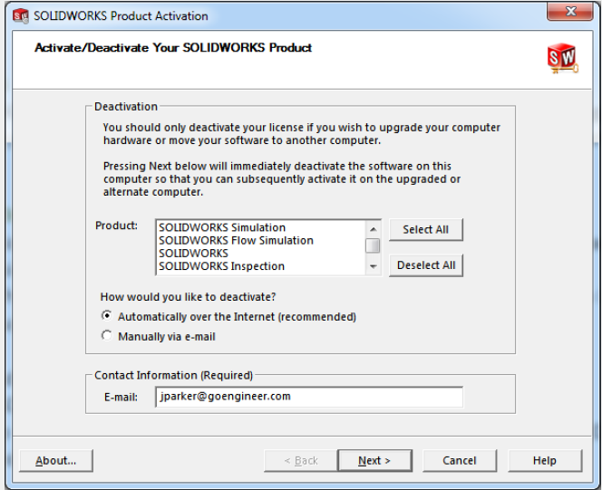SOLIDWORKS Product Activation screen