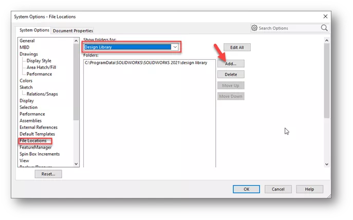 SOLIDWORKS Routing Design Library Accession System Options