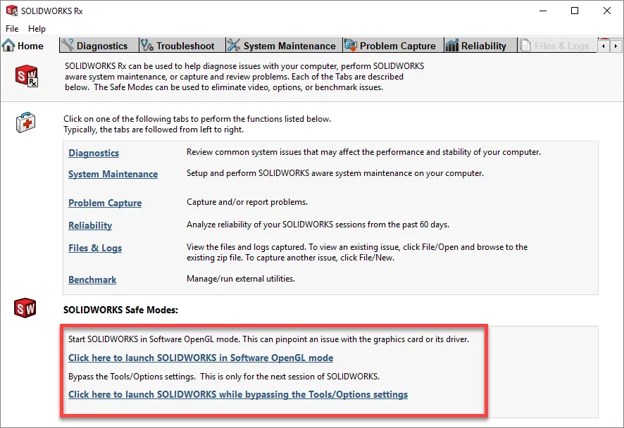 SOLIDWORKS Rx Safe Modes