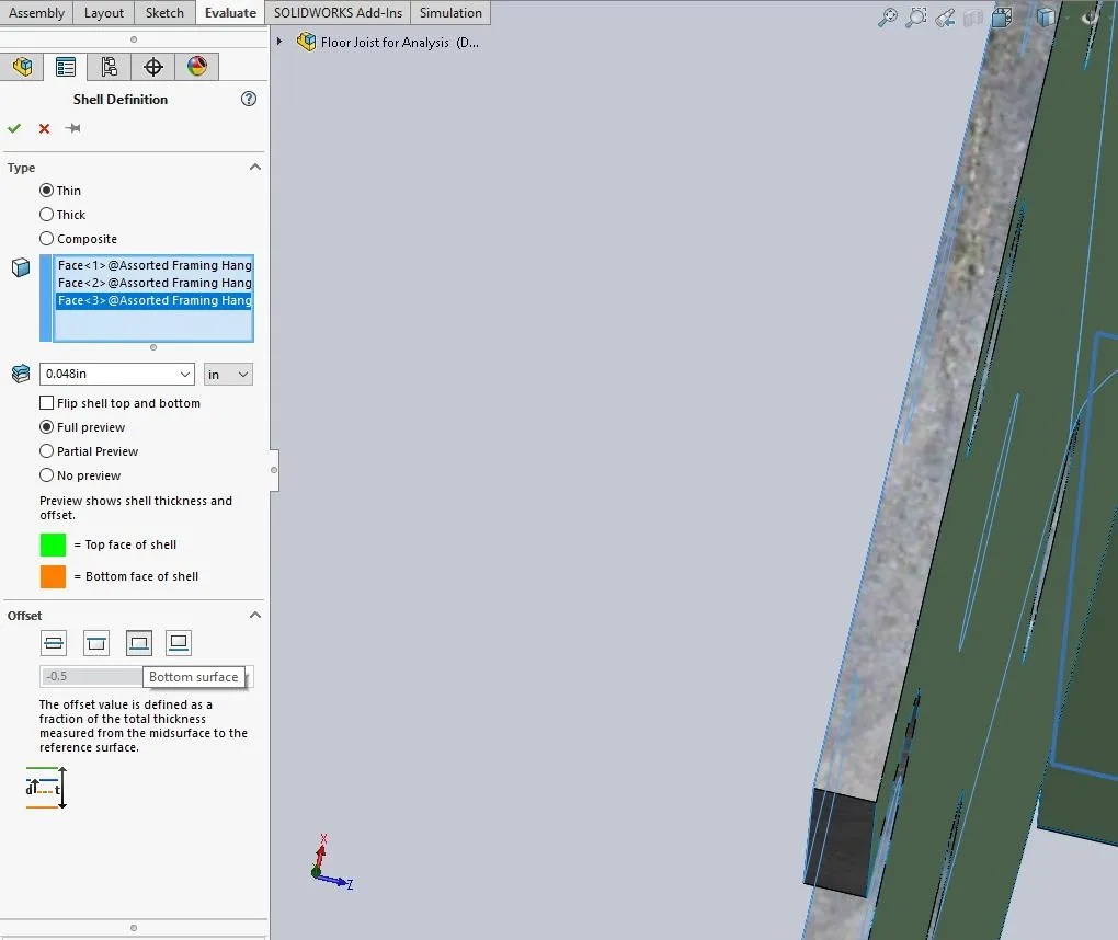 Correct shell offset option for the selected face in SOLIDWORKS Simulation