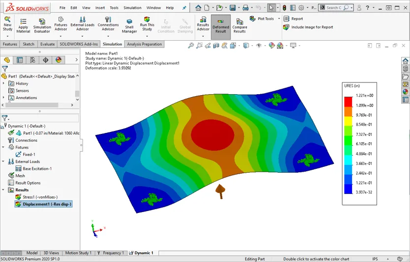SOLIDWORKS Simulation Peak displacement of 1.211 inches