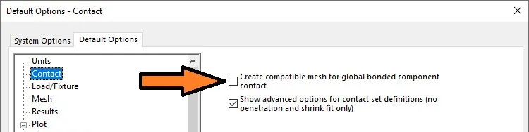 solidworks simulation 2020 interface default options contacts