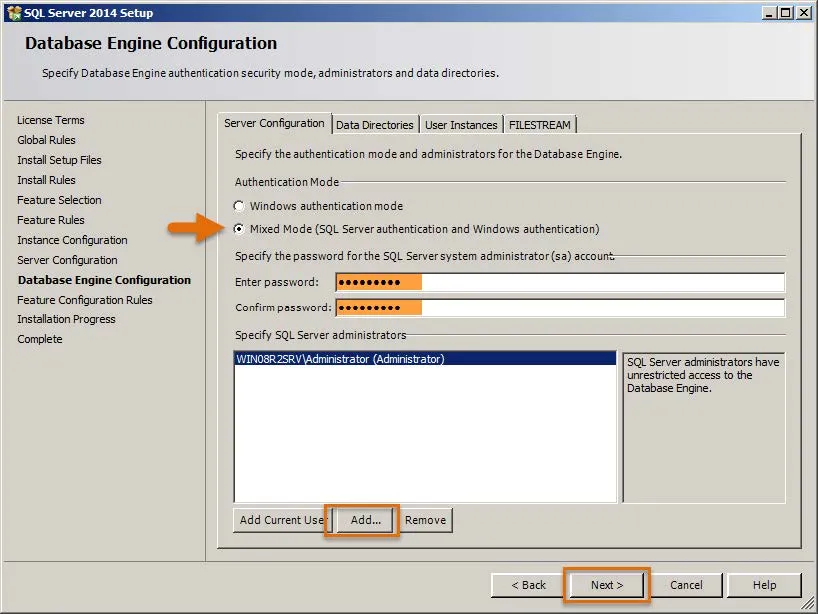 SQL Server 2014 Setup Database Engine Configuration