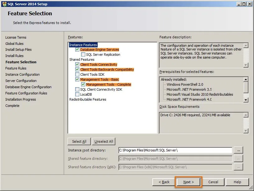 SQL Server 2014 Setup Feature Selection