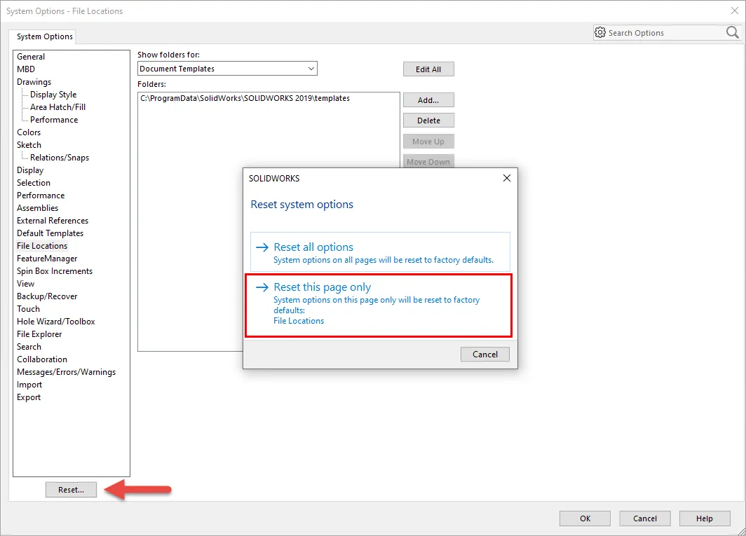 System Options File location Reset this page only