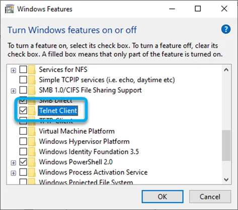 TelNet Client Windows Features