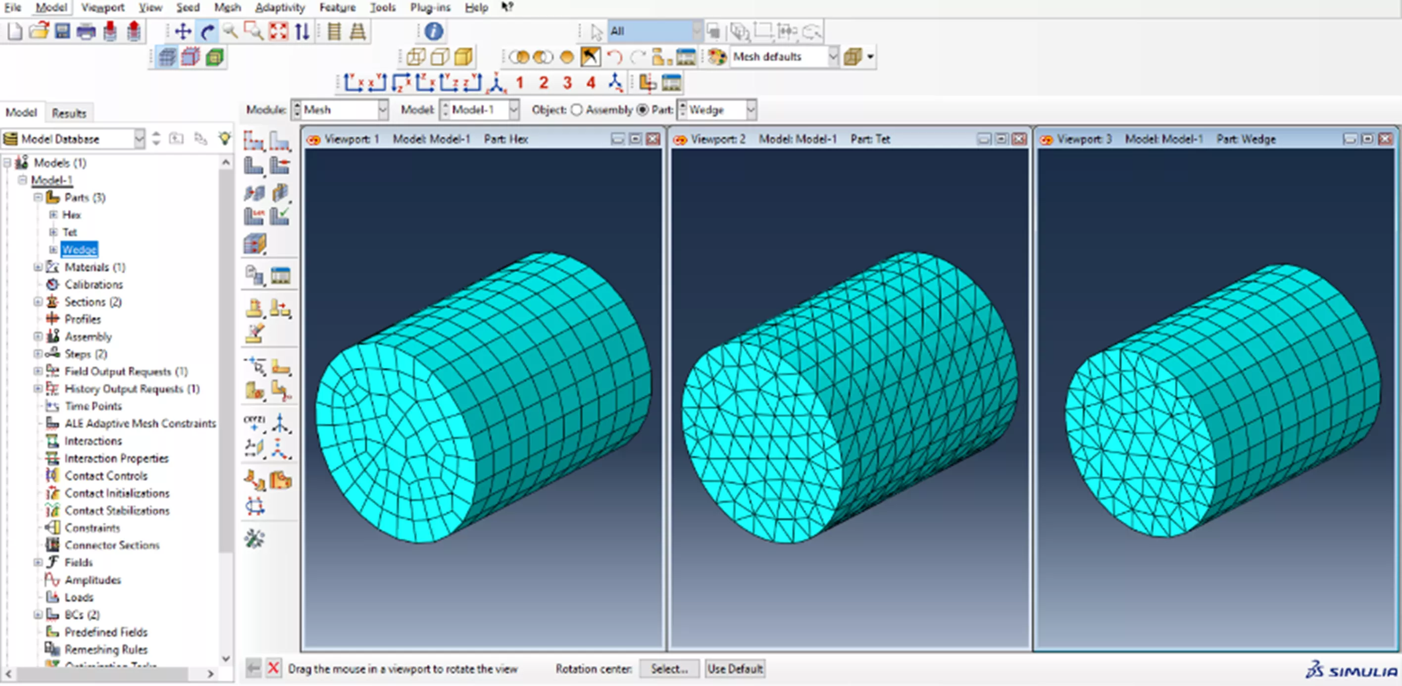 Abaqus/CAE solid elements; left (hex), center (tet), right (wedge)