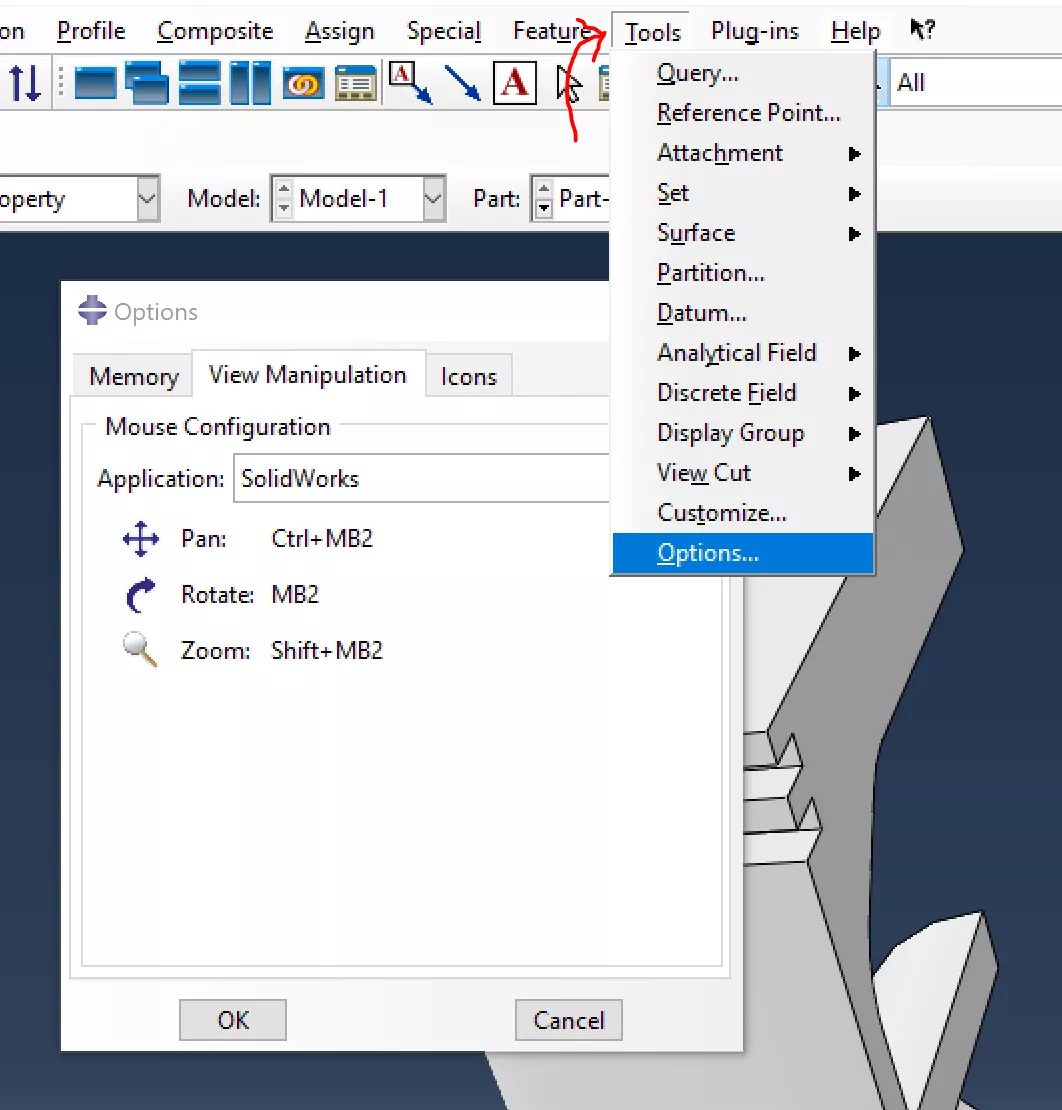 How to access the View Manipulation Options dialog in Abaqus