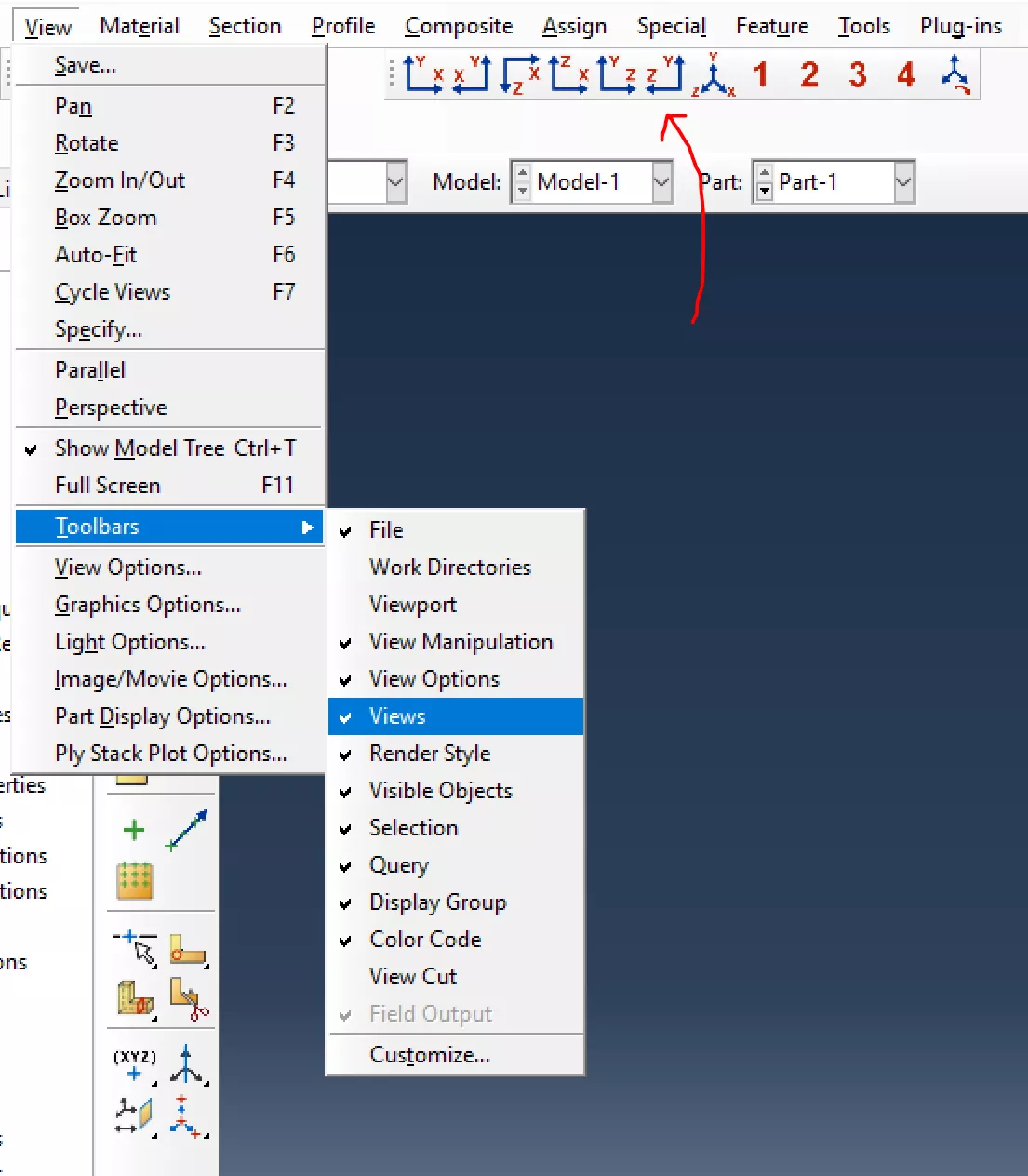 How to access the Views toolbar to snap to default orientations in Abaqus