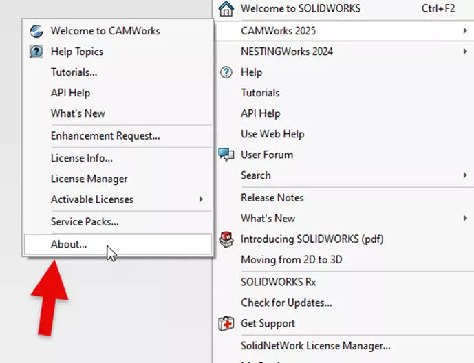 About Option in CAMWorks Menu