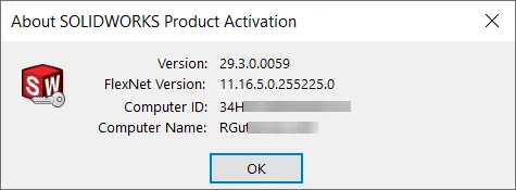 About SOLIDWORKS Product Activation Computer ID Dialog Box