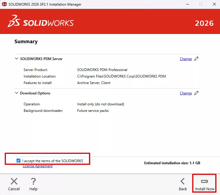 Accept Terms of the SOLIDWORKS License Agreement 