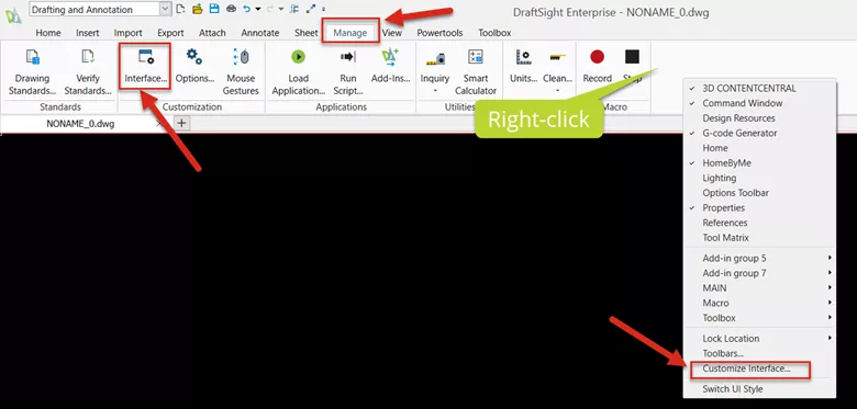 Access Customize Interface Option in DraftSight from Ribbon Toolbar