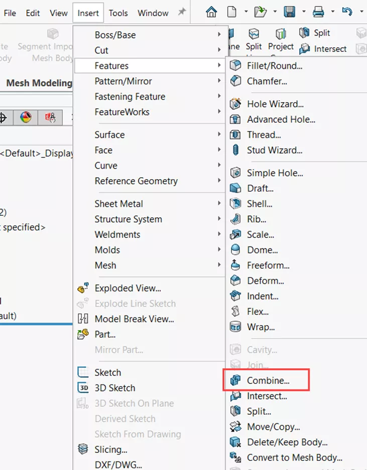 How to Access the Combine/Subtract Feature in SOLIDWORKS 