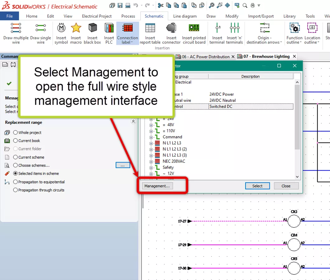 Access SOLIDWORKS Electrical Wire Style Management Interface