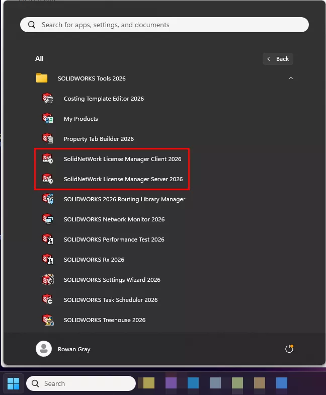 Access the SOLIDWORKS SolidNetWork License Manager for Client or Server via the Windows Start Menu