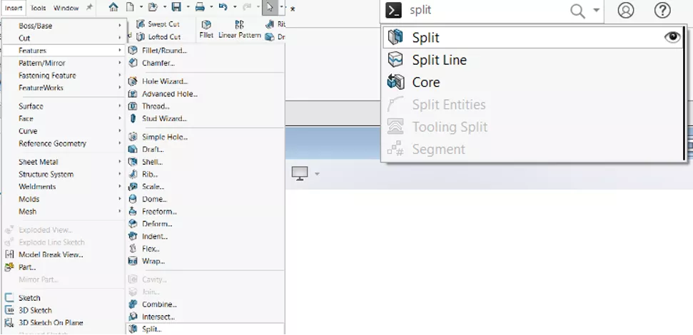 Ways to Access the Split Feature in SOLIDWORKS 