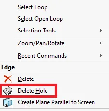 Accessing the SOLIDWORKS Delete Hole Feature 