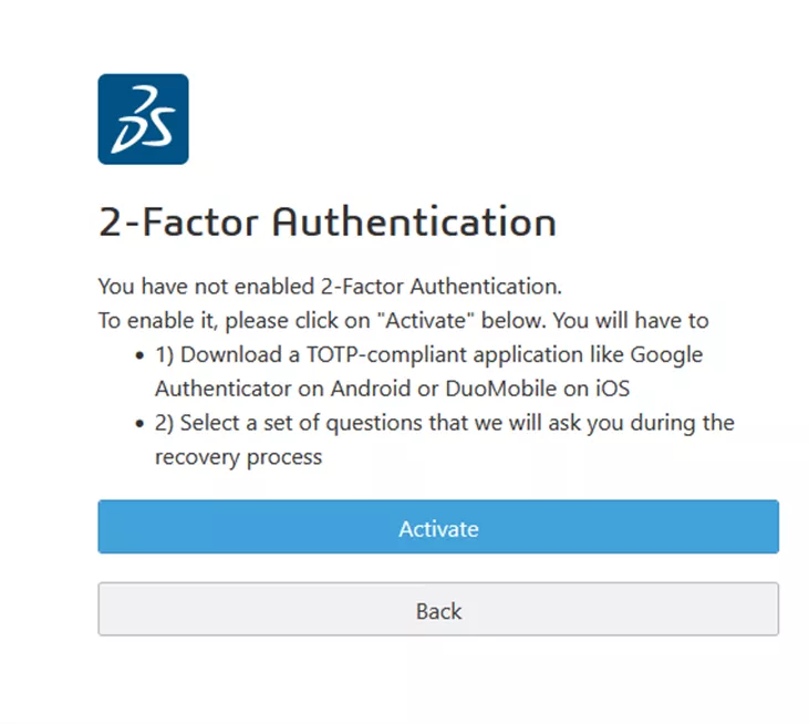 2-Factor Authentication Activation Screen 