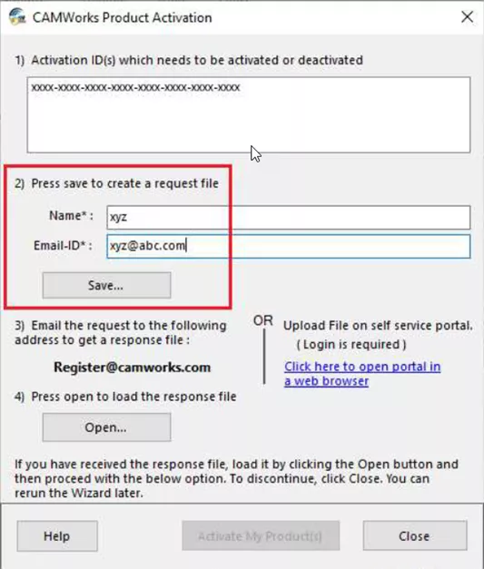 Activate CAMWorks Products Create a Request File