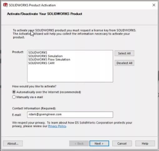 Activate/Deactivate SOLIDWORKS Product Activation Wizard