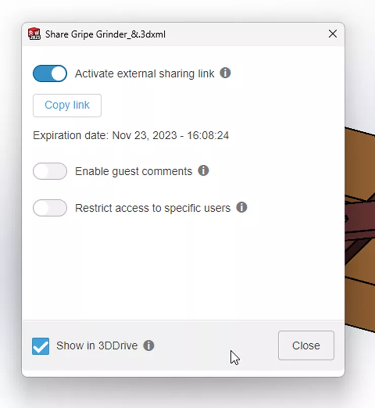  Activate External Sharing Link Toggled on in SOLIDWORKS