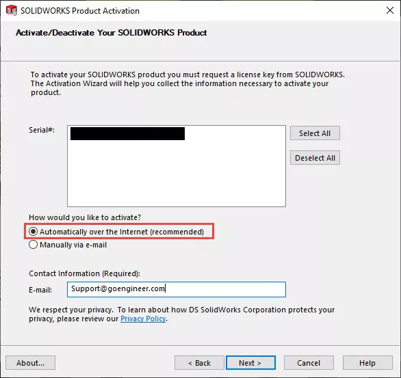 SOLIDWORKS Product Activation Automatically over the internet Option