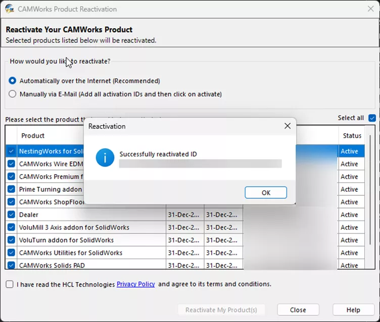 Successfully Reactivated ID CAMWorks Standalone FNO License