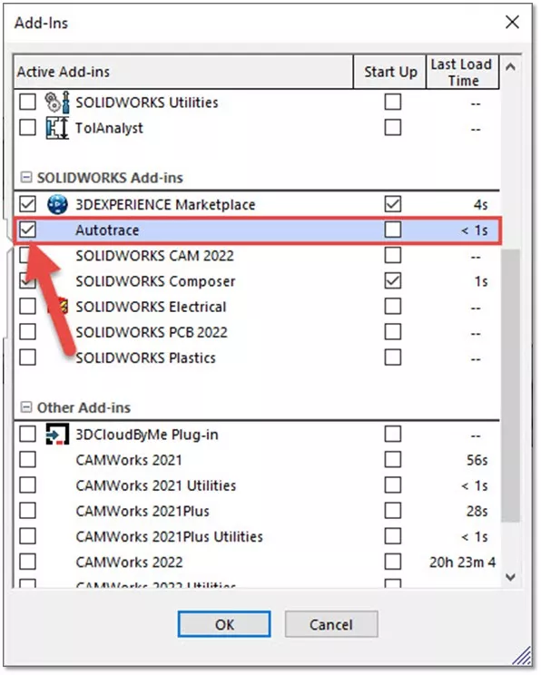 Activate SOLIDWORKS Autotrace Tool via Add-Ins