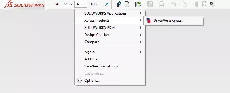 You can find DriveWorksXpress under the Tools menu in SOLIDWORKS. Click on DriveWorksXpress to launch the activation wizard to get started.