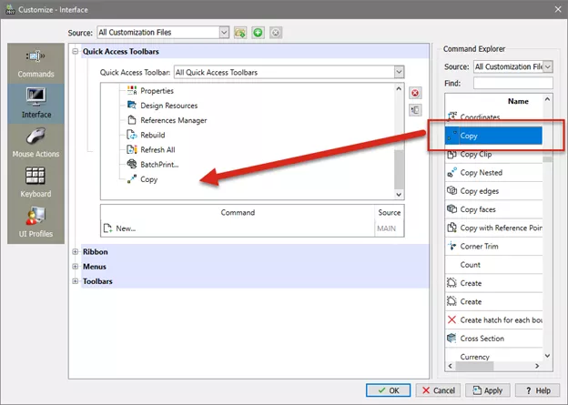 Adding the Copy command to the DraftSight Quick Access Toolbar