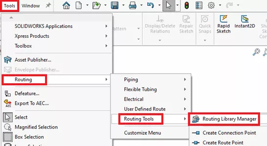 How to Access the SOLIDWORKS Routing Library Manager from the Tools Menu 