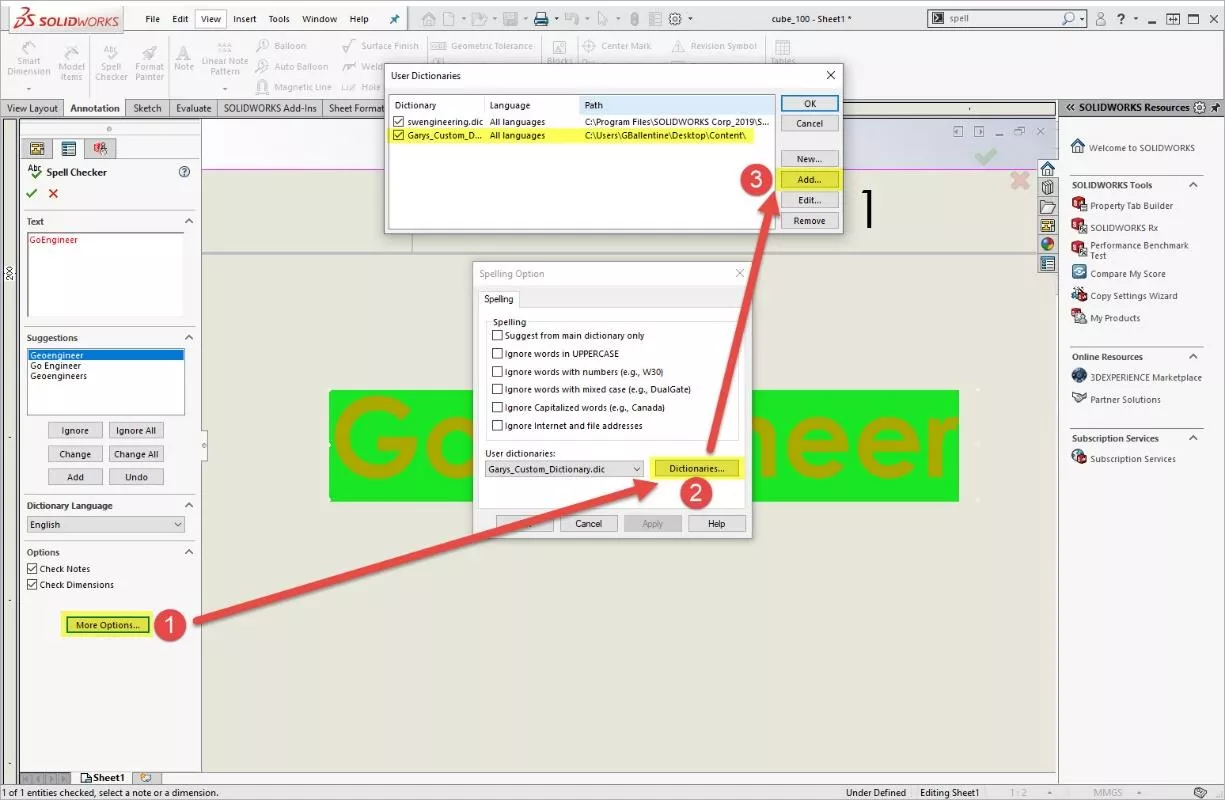 Add and Edit Custom Dictionary Files to SOLIDWORKS Spell Checker 