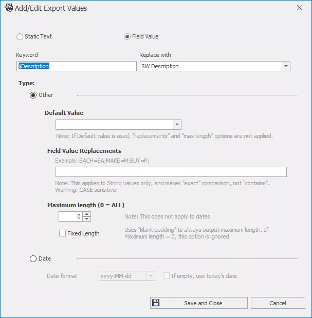 Add/Export Values Page in SOLIDWORKS Manage