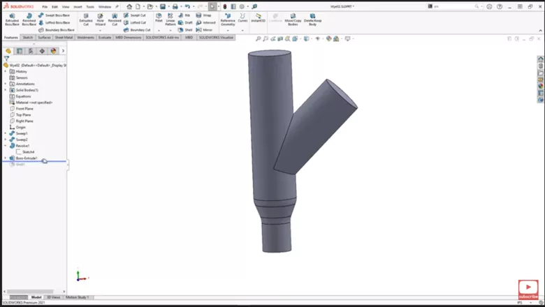 Add Extrude to SOLIDWORKS Wye Pipe Model 