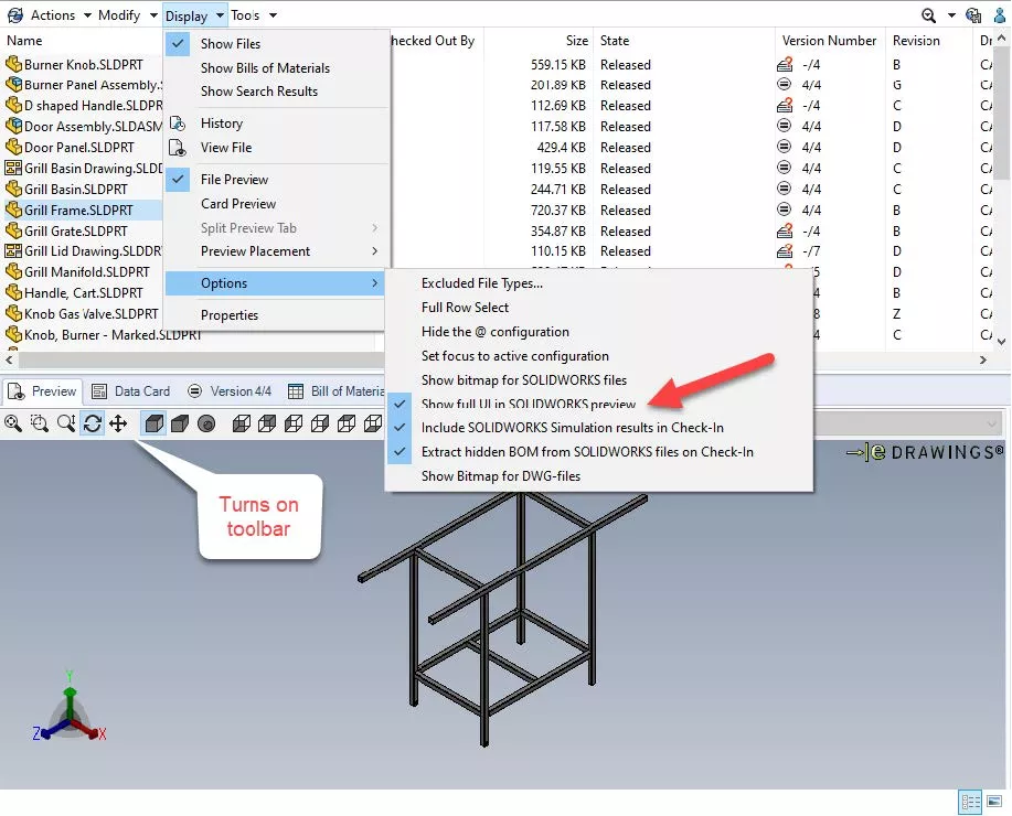 SOLIDWORKS PDM Preview Tab Options Add Full Controls for eDrawings Preview