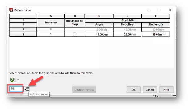 Add Instances in SOLIDWORKS Pattern Table Dialog 