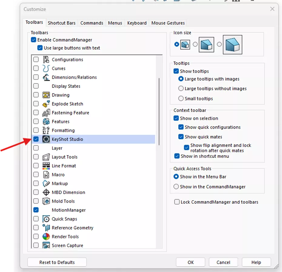 Add KeyShot to Your SOLIDWORKS Toolbar Via the Customize Menu