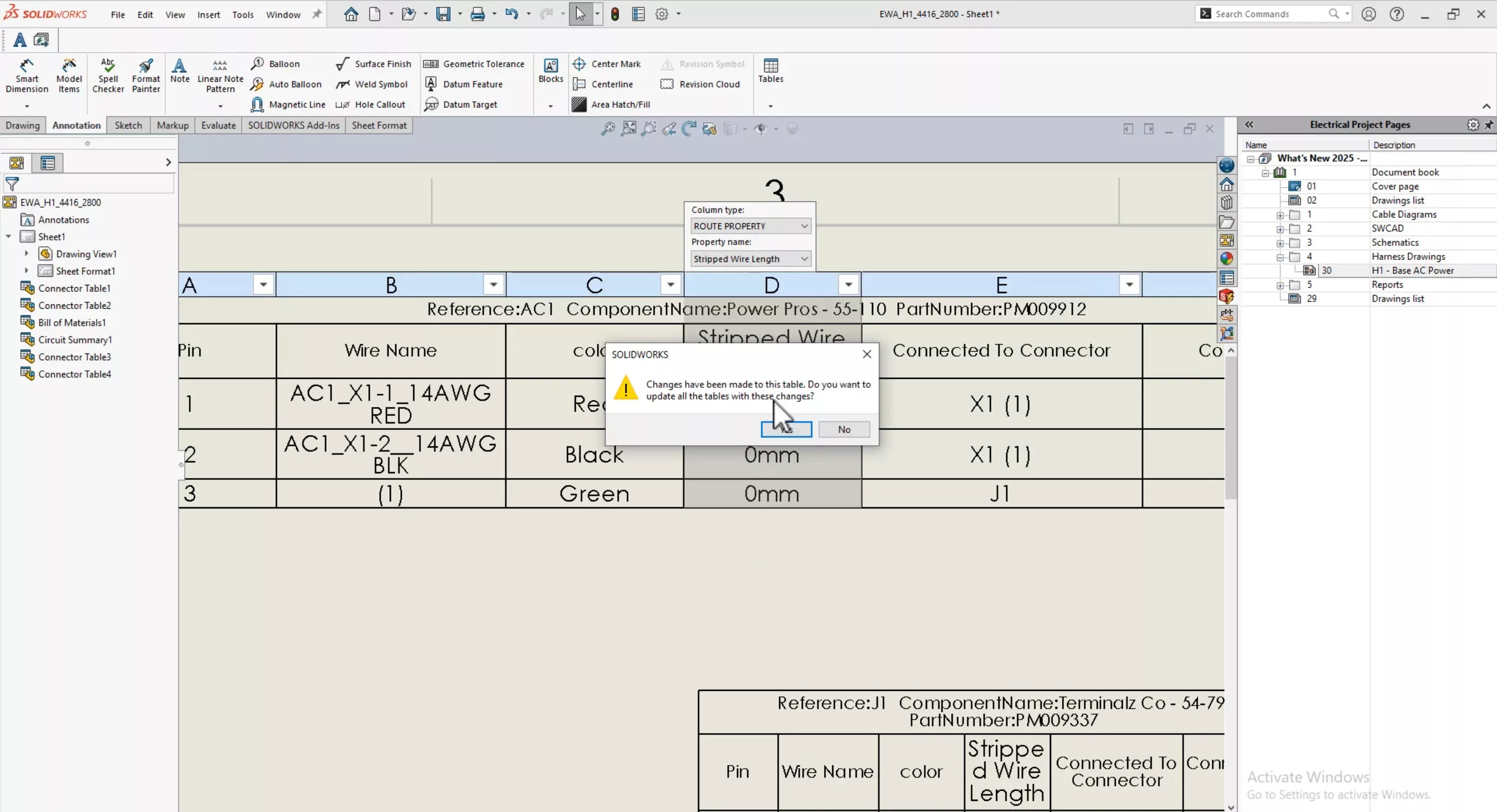 Add New Column or Connector Table Warning in SOLIDWORKS Electrical 2025