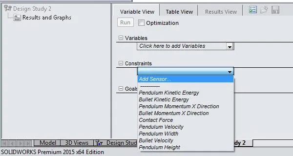 Add Sensor Variable View SOLIDWORKS Design Study