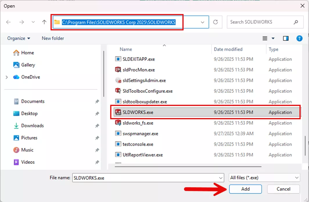 Add SOLIDWORKS.exe