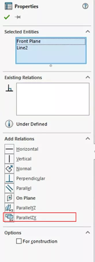 Add a ParallelZX Relation in SOLIDWORKS