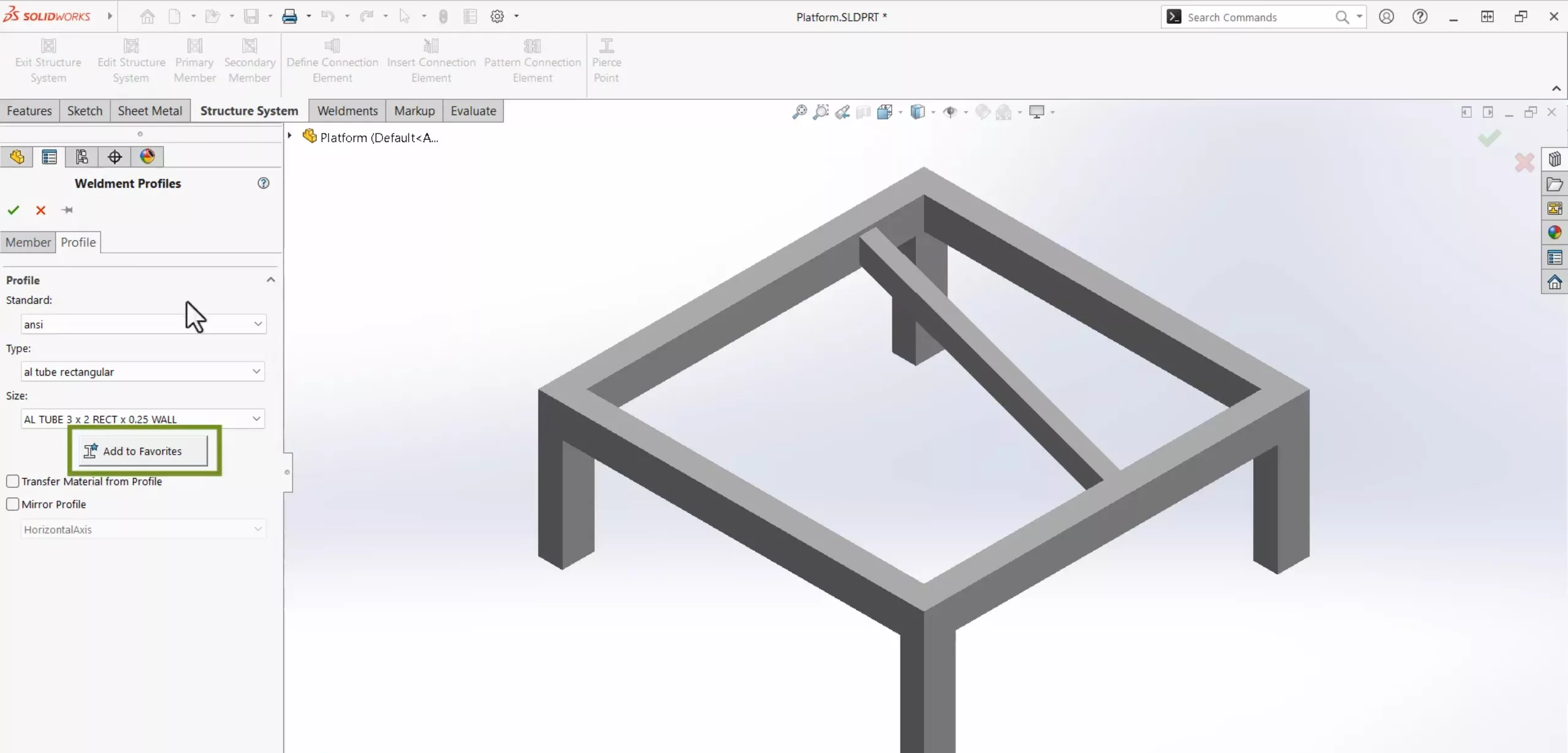 Add to Favorites Button in SOLIDWORKS 2025 Structure Systems