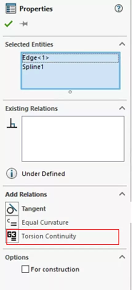 Add a Torsion Continuity Relation in SOLIDWORKS