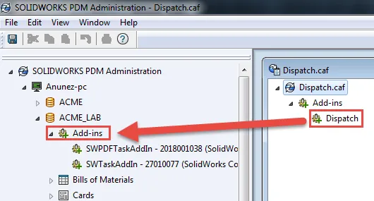 Adding Dispatch add-in to add-in node SOLIDWORKS PDM