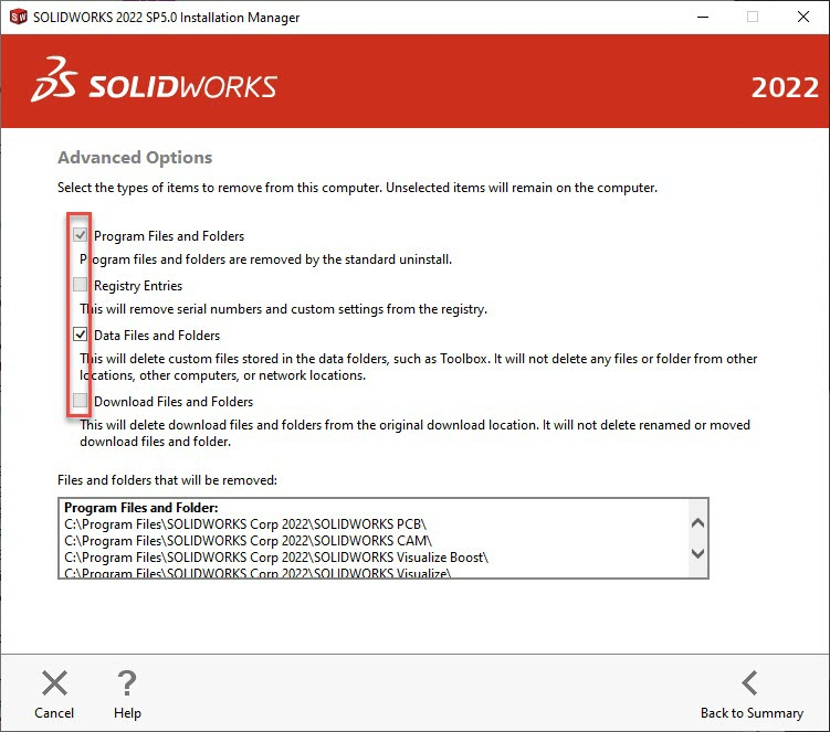 Advanced options uninstalling solidworks