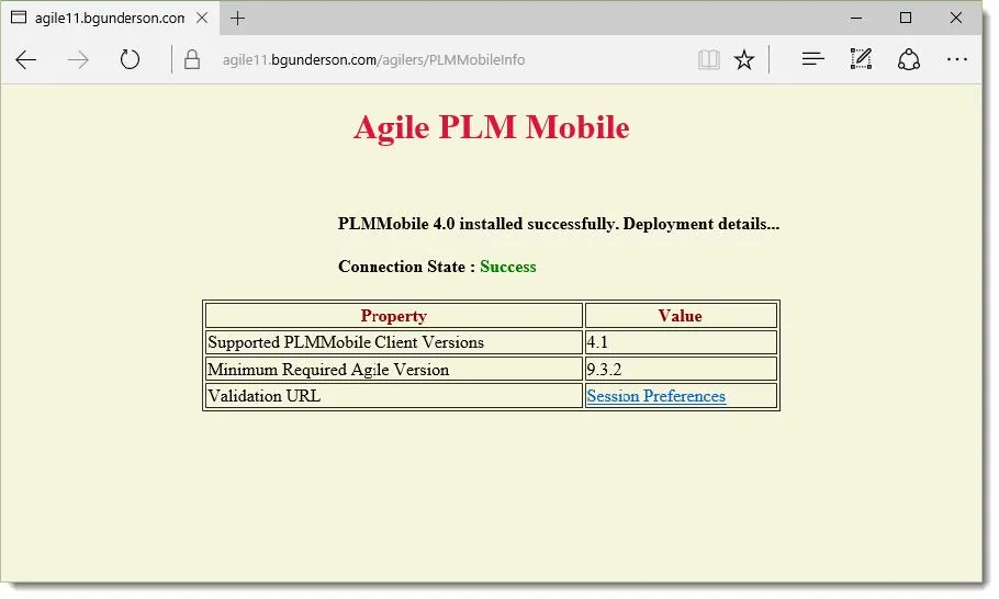 Agile PLM Mobile Installation Verification Screen