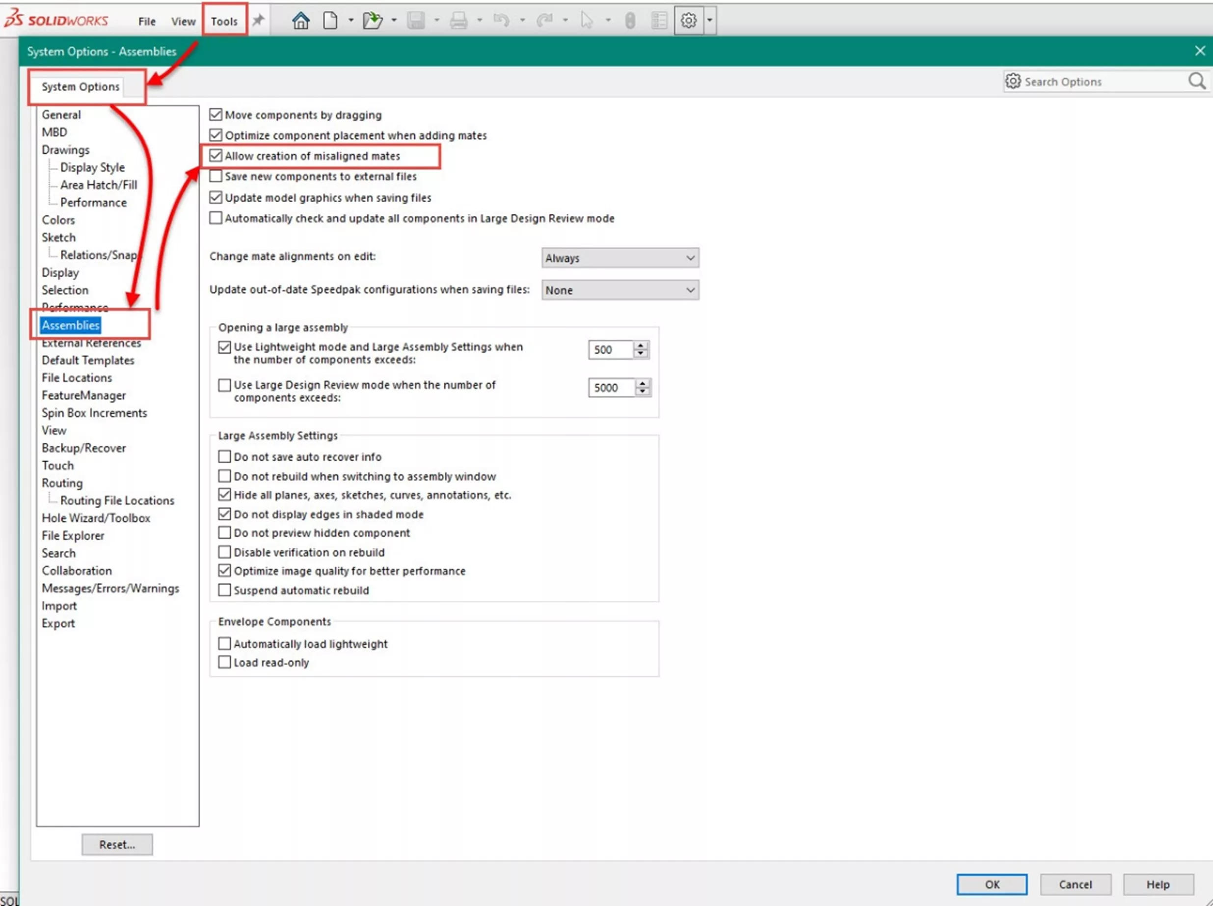 Allow Creation of Misaligned Mates Option in SOLIDWORKS 