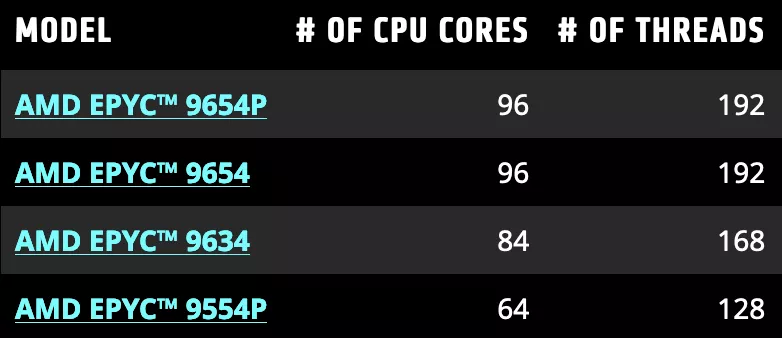 AMD EPYC processor listing that distinguishes cores from threads.