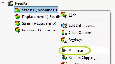 SOLIDWORKS Simulation Animate Option in Result Plot RMB Menu